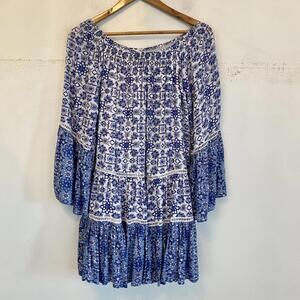 MISS JUNE Paris blue and white pattern off the shoulder mini dress sz L